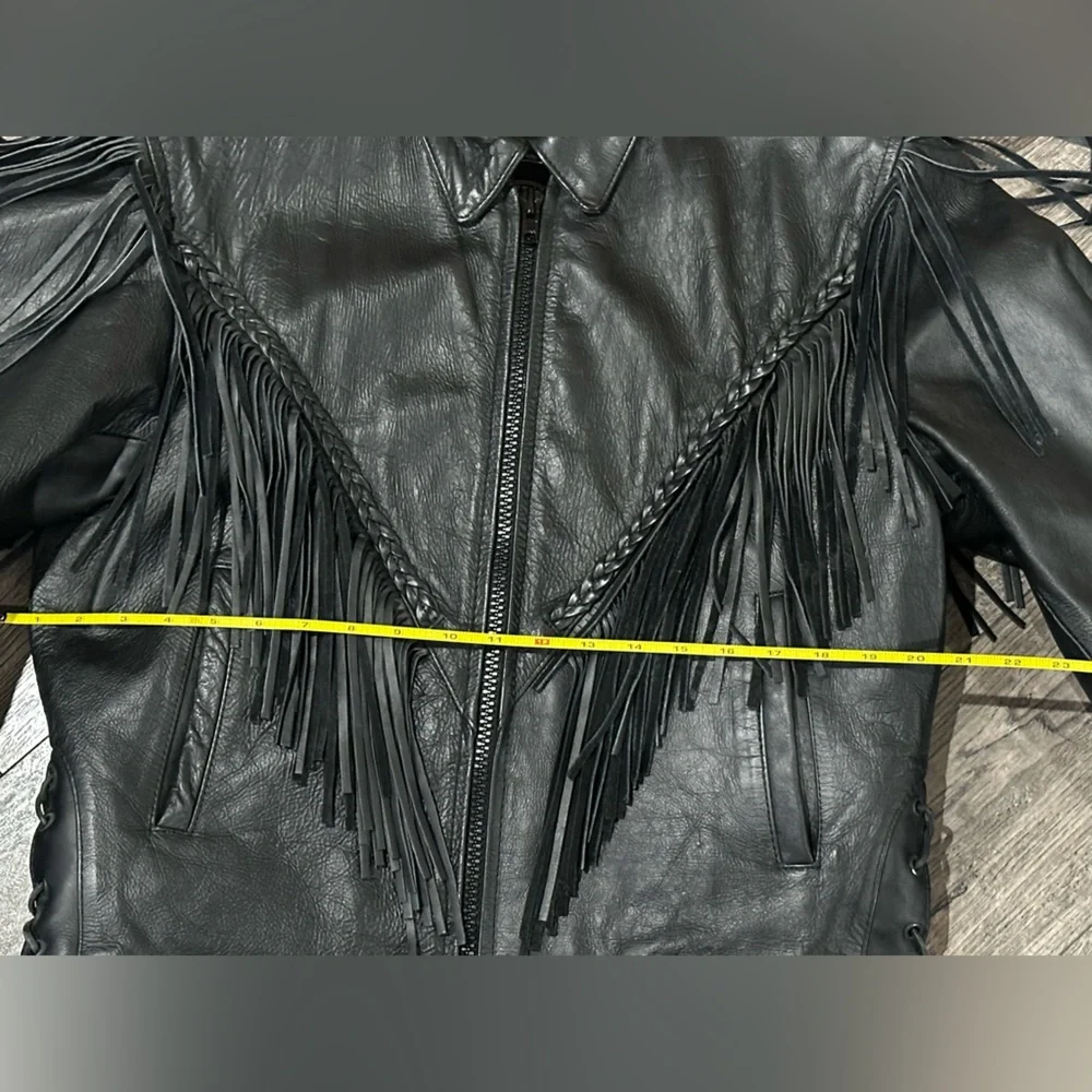 Unik Vtg Black Leather Fringe Jacket - Picture 13 of 16